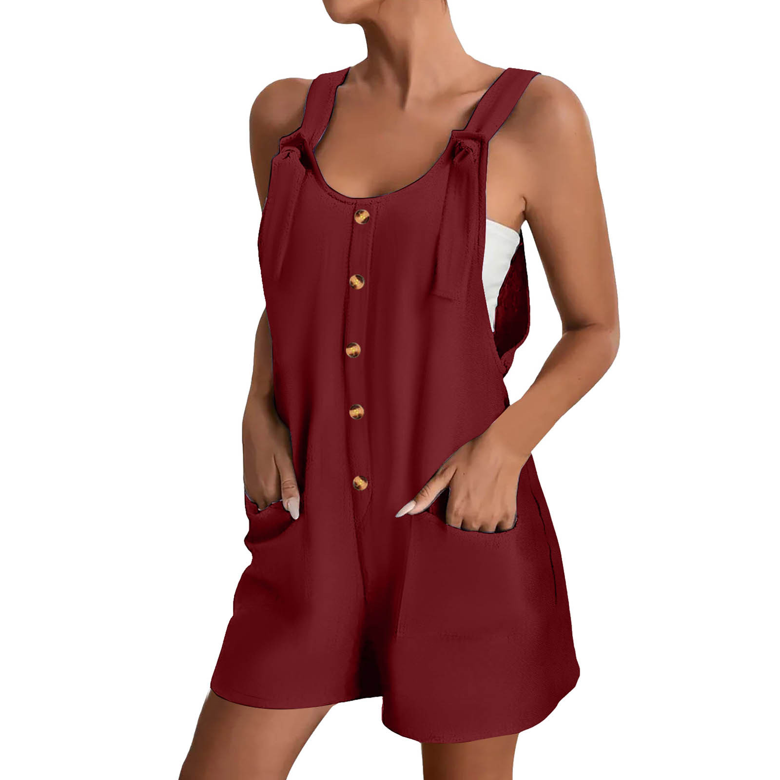 thumbnail image 2 of Mono corto de verano informal con botones para mujer - Poliéster, sin mangas, pantalón corto ancho - S-XXL, 2 of 5